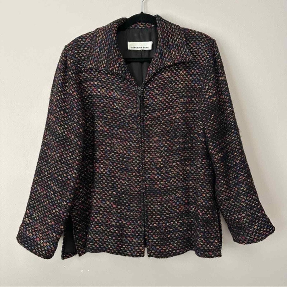 Caroline Rose XLarge Wool Blend Zip Jacket Multi Color Tweed Boucle Long Sleeve